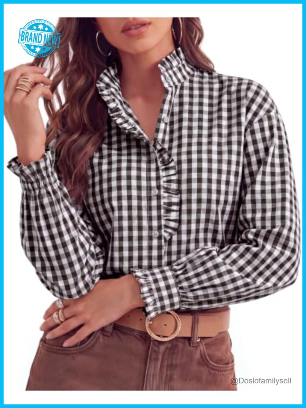 Plaid Ruffle Button Down Blouse Gingham Shirt Long Sleeve
